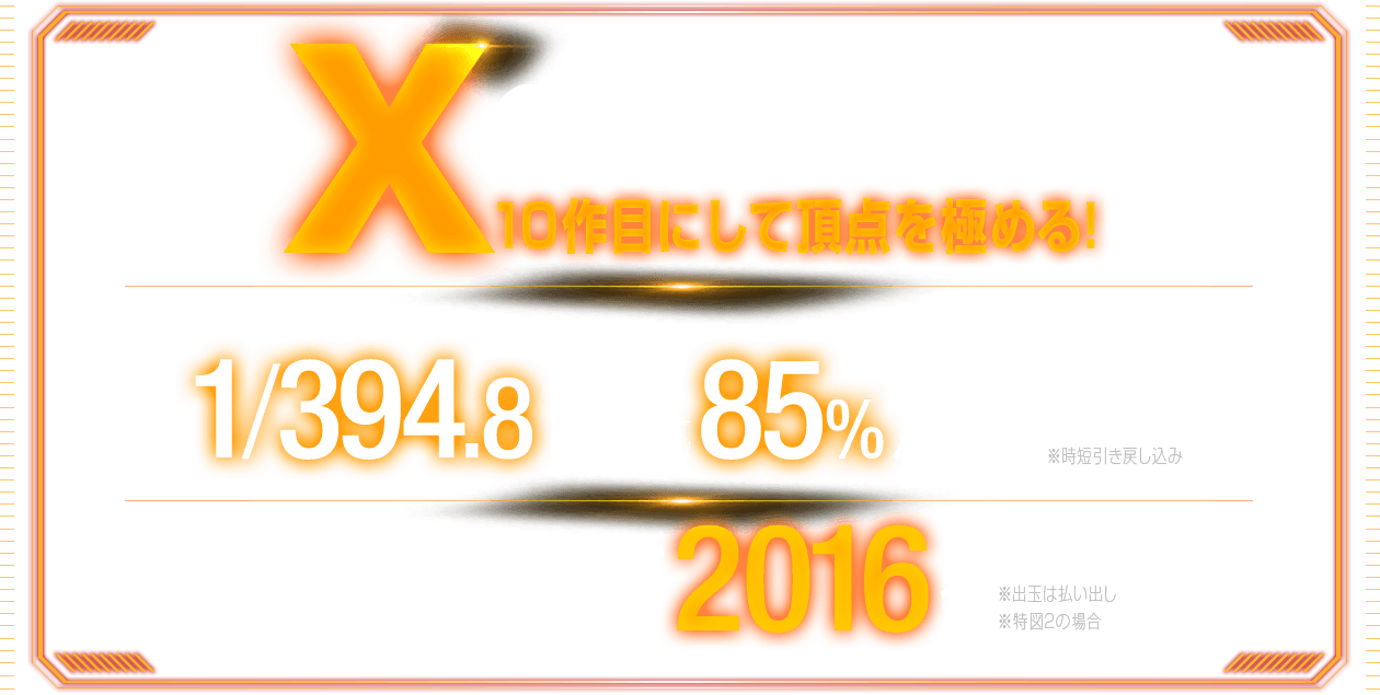 Xの衝撃!! 10作目にして頂点を極める!大当り確率 1/394.8 × 約85%ループ 右打ち中は大当りの50%が出玉2016発