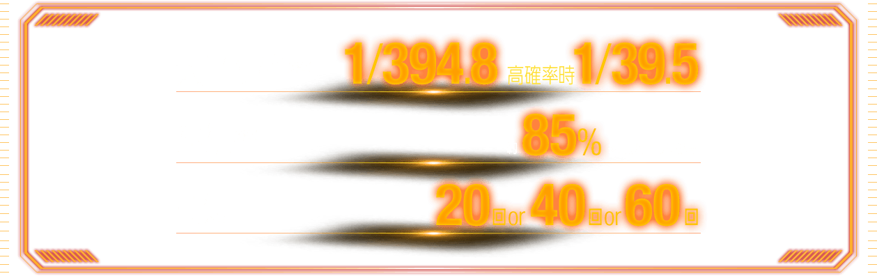 大当り確率 1/394.8 高確率時 1/39.5, 継続率 約85% ※時短引き戻し込み, 時短 20回 or 40回 or 60回