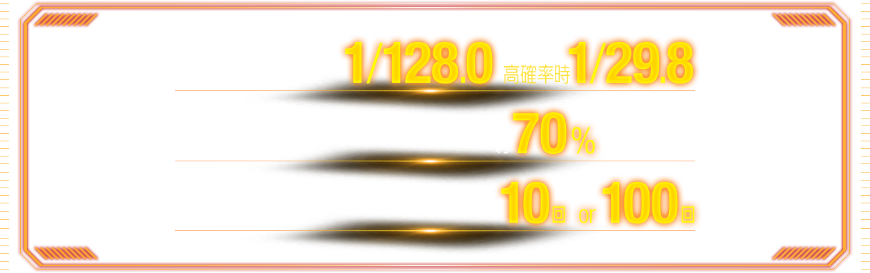 大当り確率 1/128.0 高確率時 1/29.8, 継続率 約71.1% ※時短引き戻し込み, 時短 10回 or 100回