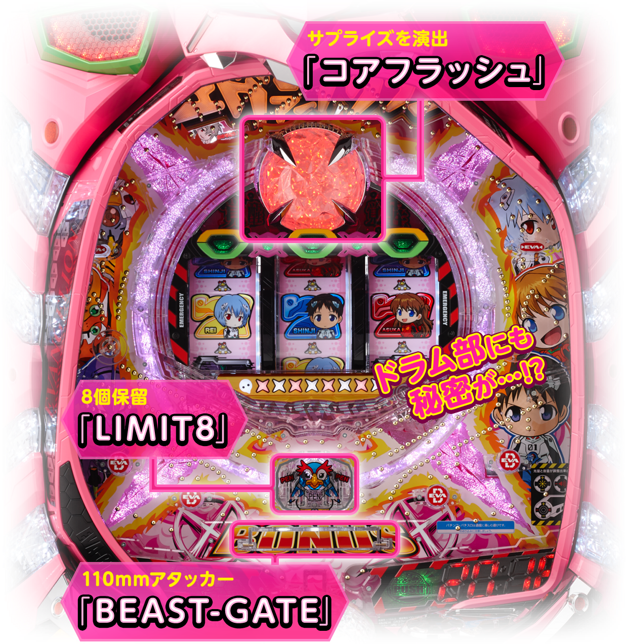 サプライズを演出「コアフラッシュ」 8個保留「LIMIT8」 110mmアタッカー「BEAST-GATE」 ドラム部にも秘密が…!?