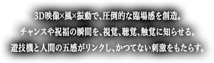 3D映像×風×振動で、圧倒的な臨場感を創造。チャンスや祝福の瞬間を、視覚、聴覚、触覚に知らせる。遊技機と人間の五感がリンクし、かつてない刺激をもたらす。