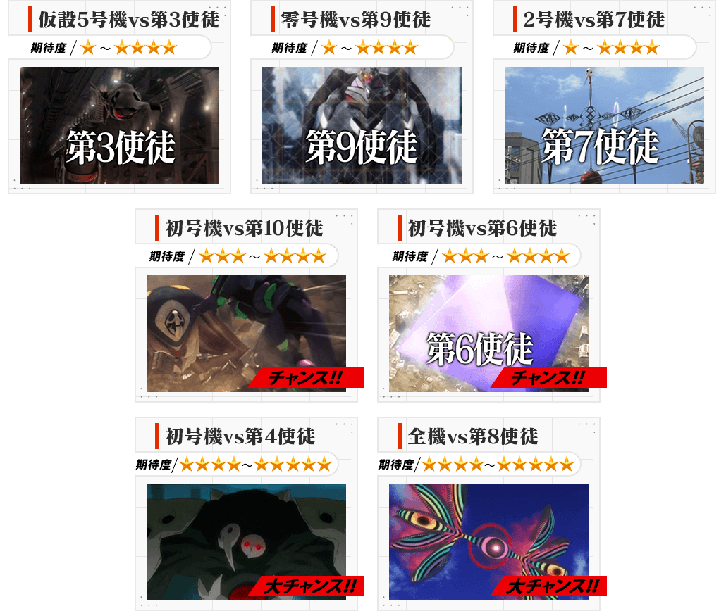 仮設5号機vs第3使徒 零号機vs第9使徒 2号機vs第7使徒 初号機vs第10使徒 初号機vs第6使徒 初号機vs第4使徒 全機vs第8使徒